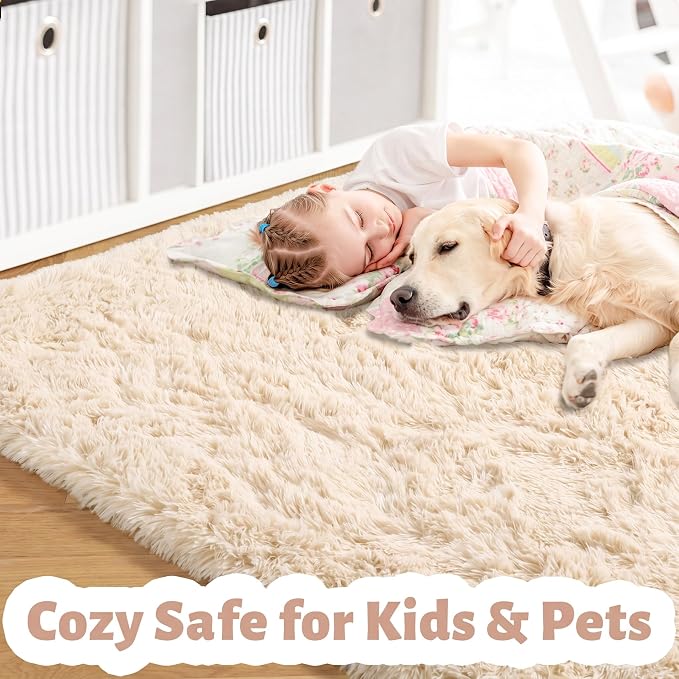 Amdrebio Beige Boho Fluffy Kids Area Rug 4x6 - Image 2