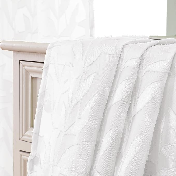 Lecloud Leia Texture Sheer White Curtains 54 Inch Length Set of 2 Panels - Image 9