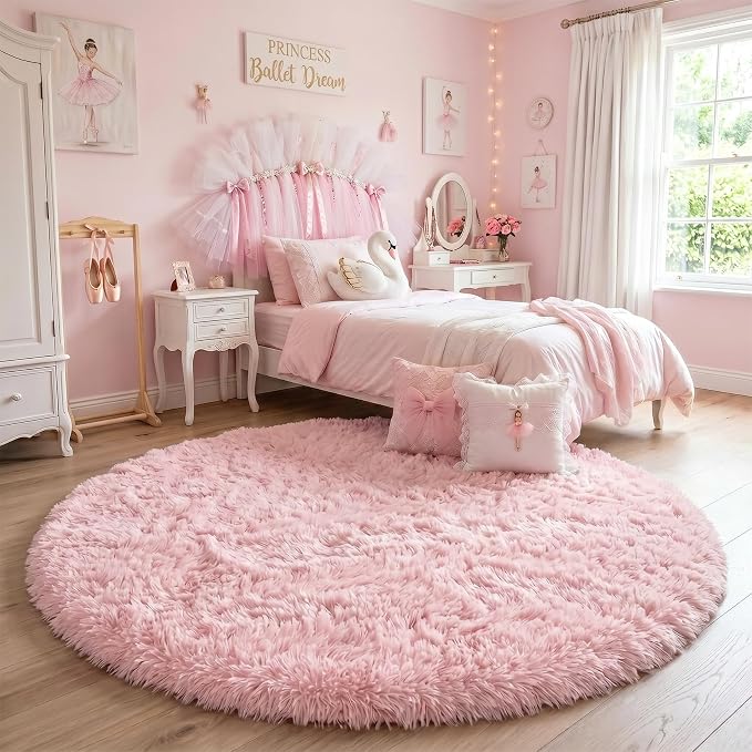 Amdrebio Pink Large Shag Round Kids Rug 7Ft - Image 5