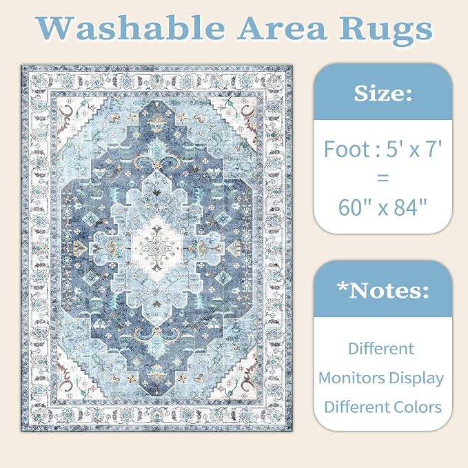 SERISSA Boho Area Rug 5x7 Blue, Washable Large Rugs - Image 6