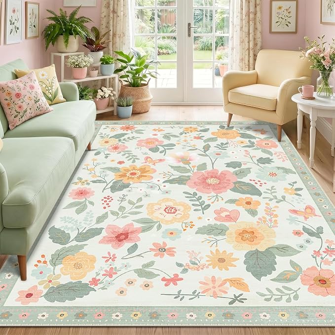 RELEANY Floral Washable 5x7 Area Rugs Beige/Green | Flower Carpet Print Boho - Image 2