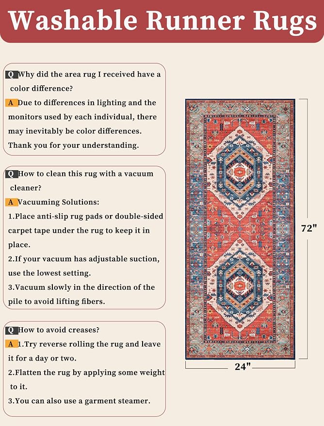 SERISSA Boho Washable Runner Rug, 2x6 Rug Runner Non-Slip Vintage Rust Hallway - Image 2