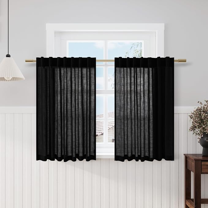 Black Kitchen Curtains 36 Inch Length Set 2 Panel Back Tab Pocket Semi Sheer by Nanspring