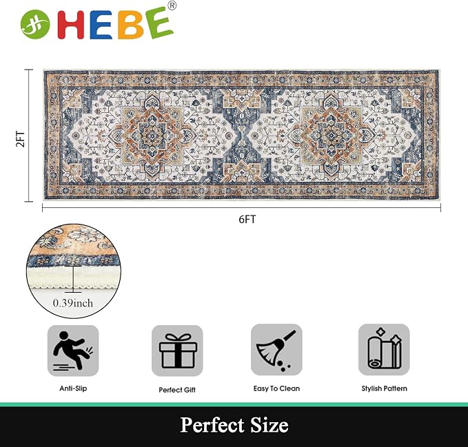 HEBE Hallway Runner Rug 2'x6' Washable Vintage Distressed Area Rugs Non Slip - Image 2