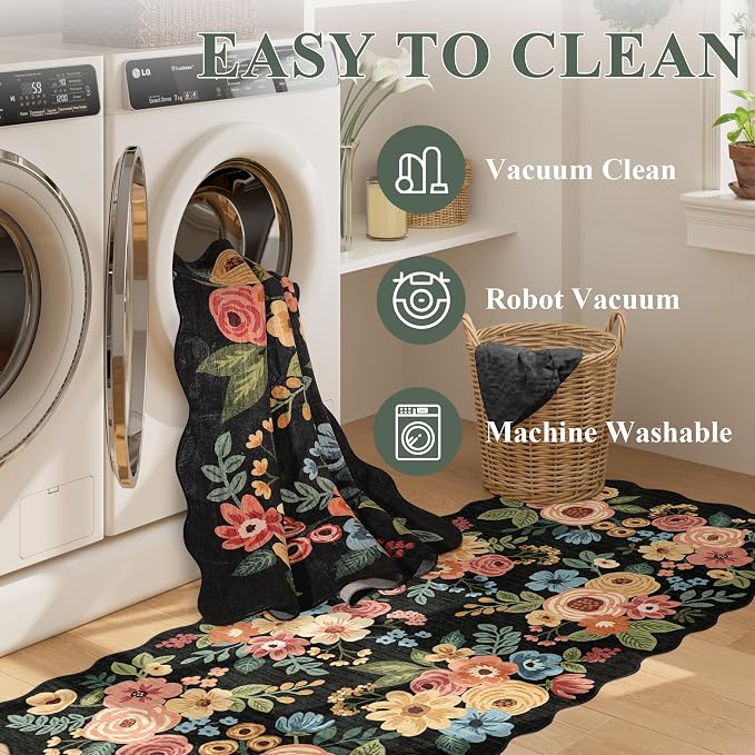 DUKINO 2x8 Washable Runner Rug, Floral Non Slip Kitchen Runner Rug, Soft Throw - Image 5