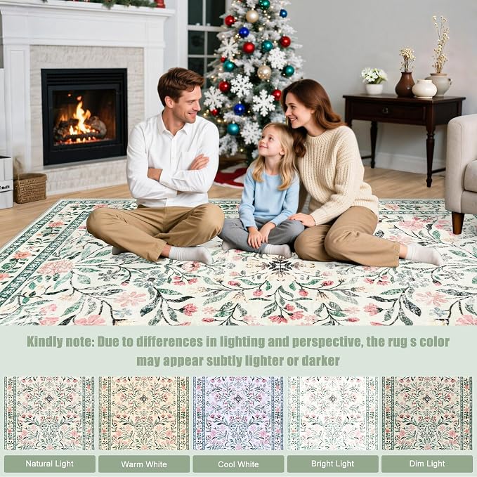PLHXFR 2.6x14 Washable Runner Rug：Floral Indoor Kitchen Carpet Green Beige | - Image 9