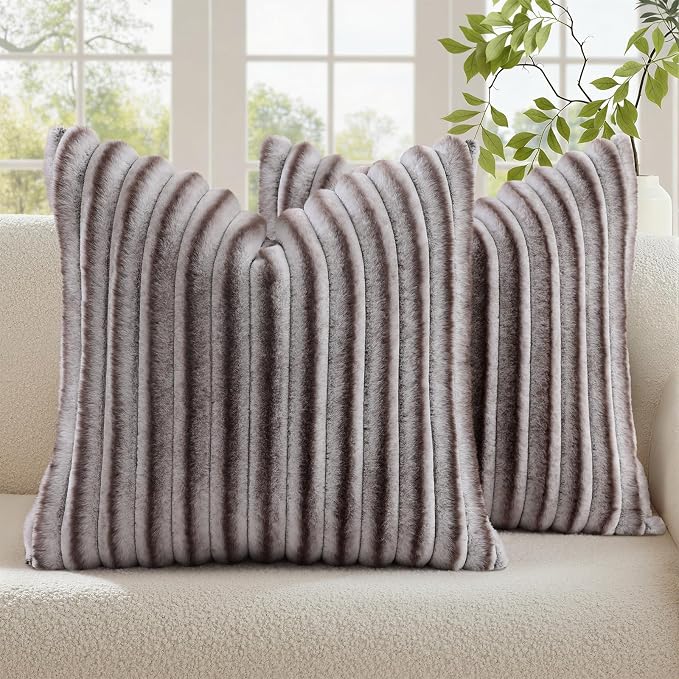 decorUhome Fall Faux Fur Throw Pillow Covers 24x24 Set of 2 Brown White | by decorUhome
