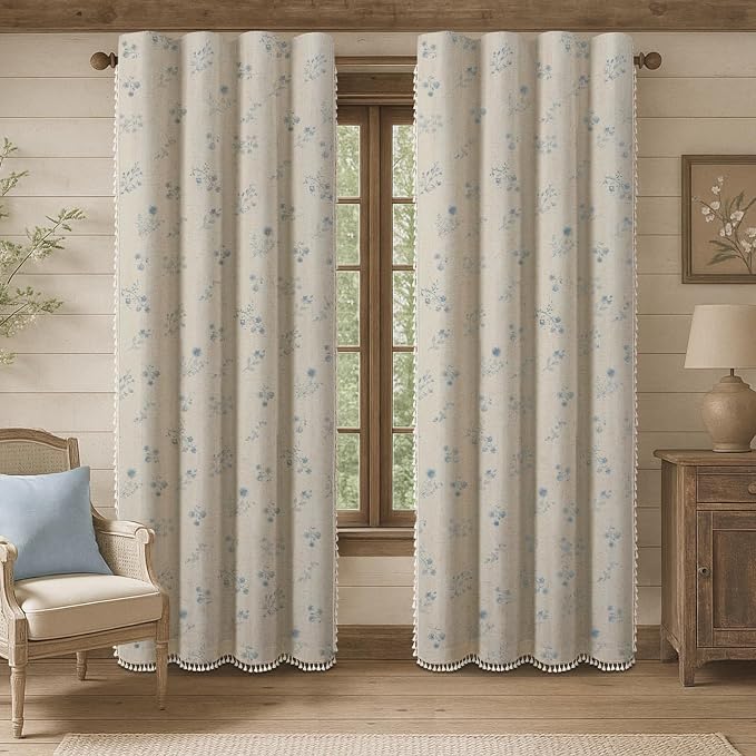 Boho Floral Spring 100% Blackout Curtains 84 Inch Length 2 Panels Set, Linen - Image 2