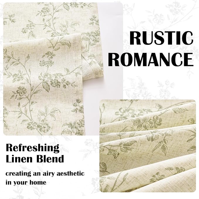 Lazzzy Linen Farmhouse Curtains Green Floral Curtains 63 Inch Length Back Tab - Image 4