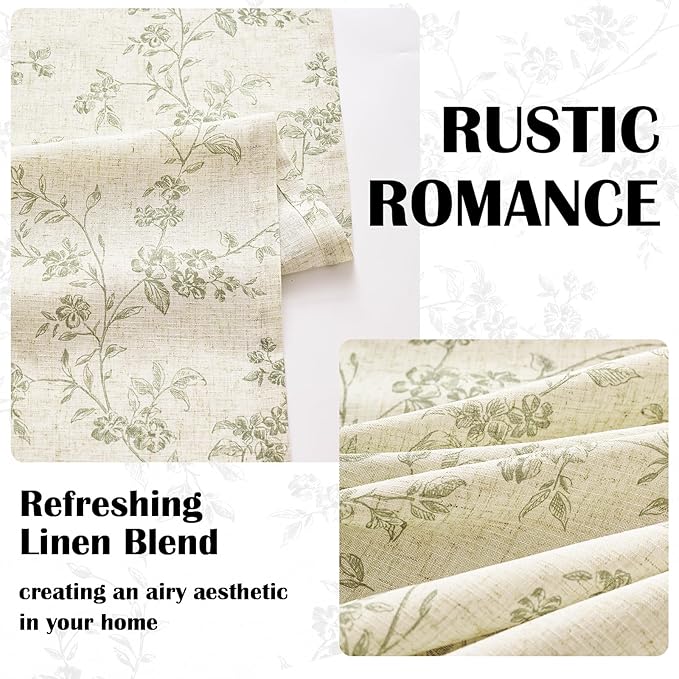 Lazzzy Green Floral Linen Curtains 90 Inch Farmhouse Back Tab Drapes - Image 5