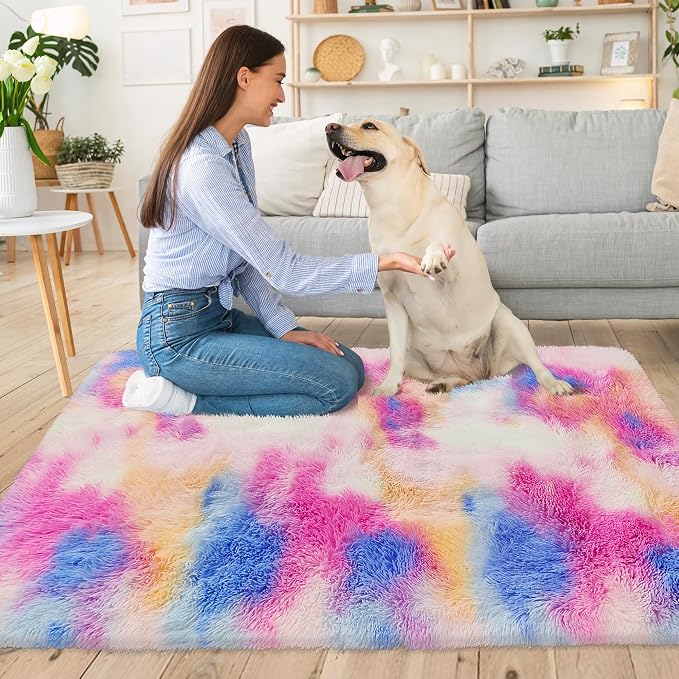 Small Fluffy Colorful Rug for Bedroom Girls 3x5 Kawaii Rainbow Tie Dye Area Rug - Image 4