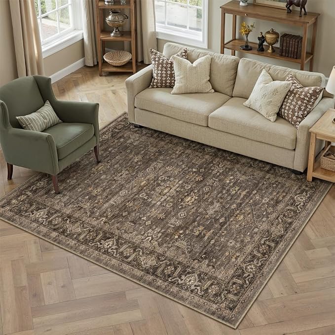 3x4 Washable Area Rug for Entryway Vintage Brown Non Slip Low Pile Carpet - Image 5