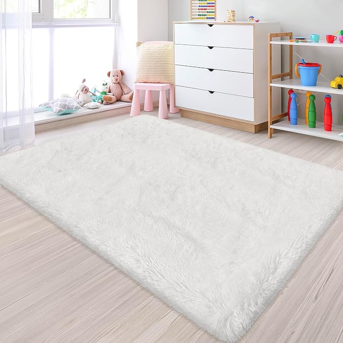 Small Area Rug for Bedroom 3x5ft Mini White Fluffy Rug Mat Bedside Throw Rug by JiaoBaba