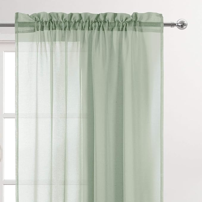 DWCN Bean Green Sheer Curtains Semi Transparent Voile Rod Pocket Curtains - Image 2