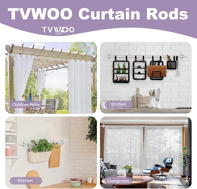 TVWOO Silver Wrap Around Curtain Rods:5/8 In Blackout Adjustable Window Curtain - Image 5