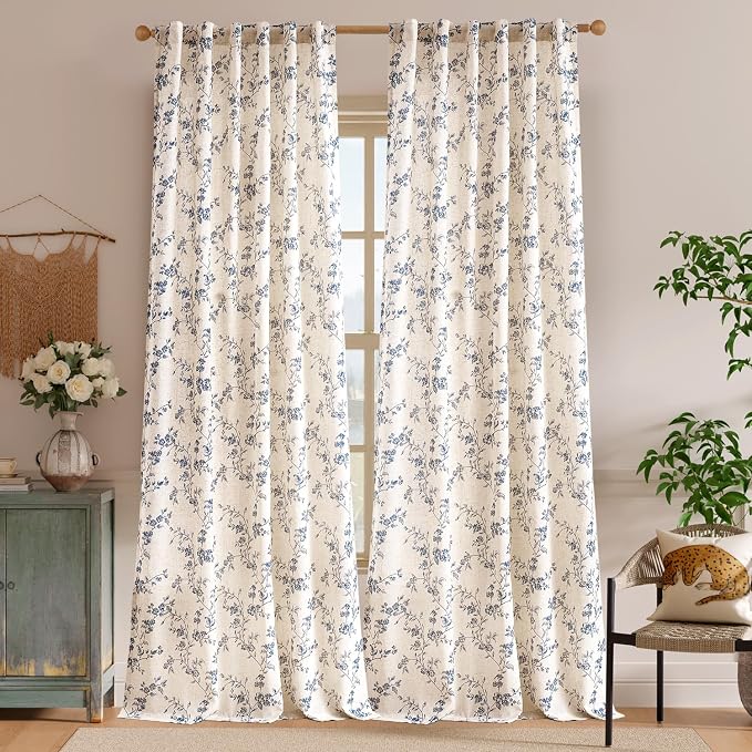 Lazzzy Farmhouse Linen Curtains Blue Floral Curtains 96 Inch Long Back Tab - Image 2