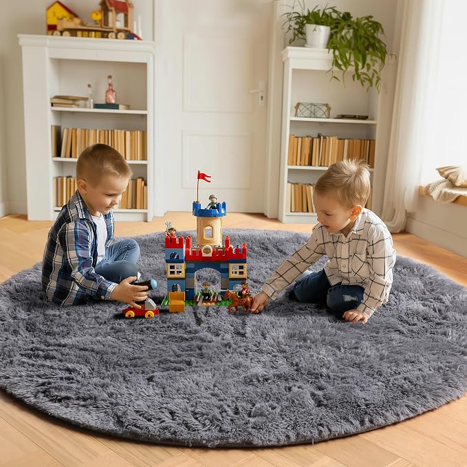ONASAR Grey Round Area Rugs 5ft, Fluffy Plush Shaggy Carpet - Image 3