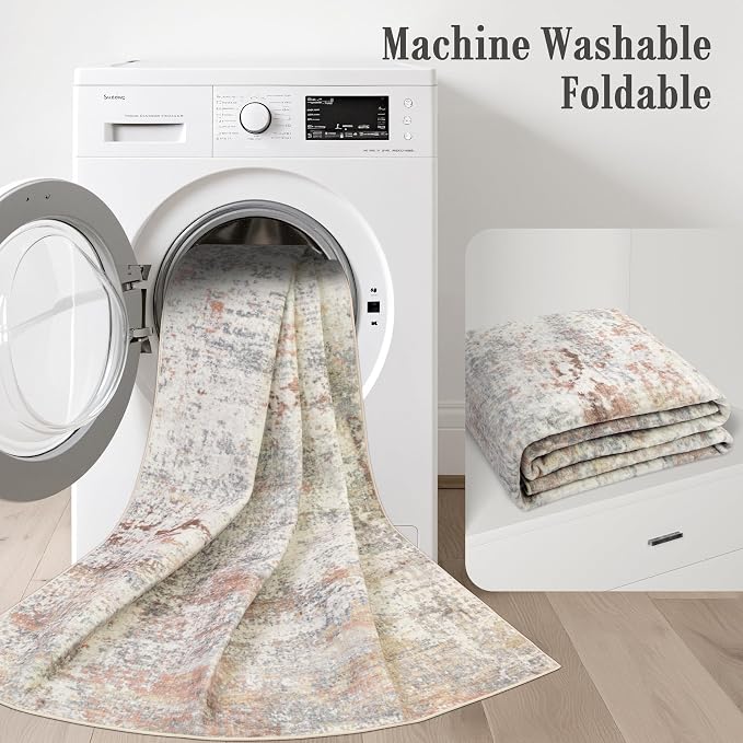 2.6x10 Washable Runner Rug:Modern Abstract Indoor Soft Carpet Taupe | - Image 6