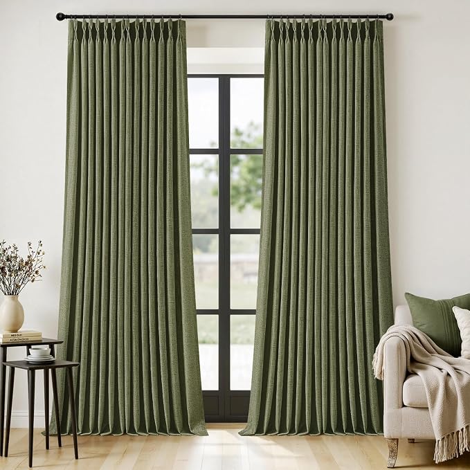 MIULEE Olive Green Pinch Pleated Thick Linen Curtains 108 Inches Long 2 Panels by MIULEE
