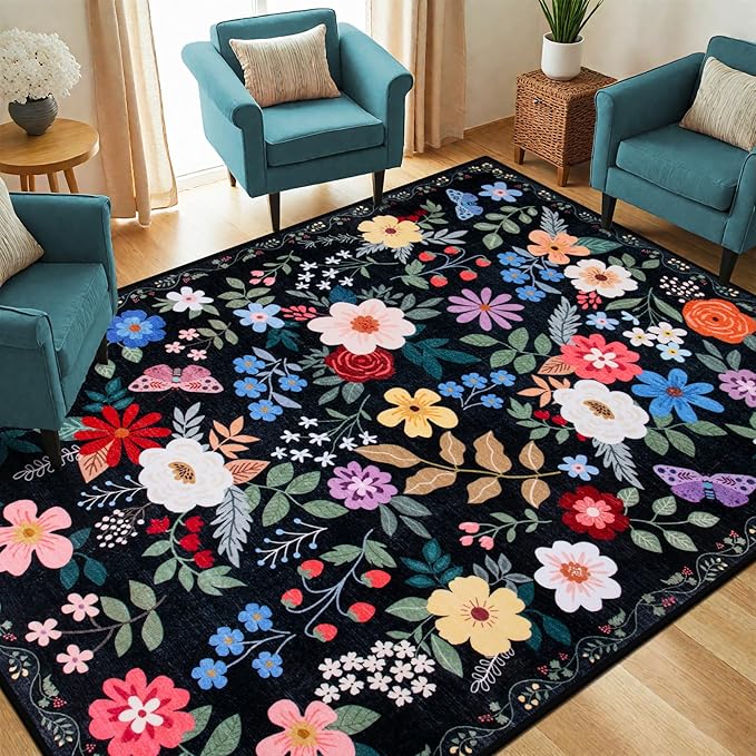 Area Rug Living Room Rugs: Floral 5x7 Washable Rug Vintage Soft Boho Non-Slip - Image 2
