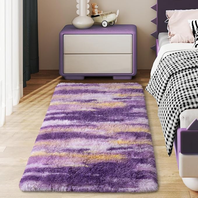 Soft Runner Rugs for Bedroom Hallways, 2x4 Abstract Purple Fluffy Shag Throw by Ailyei