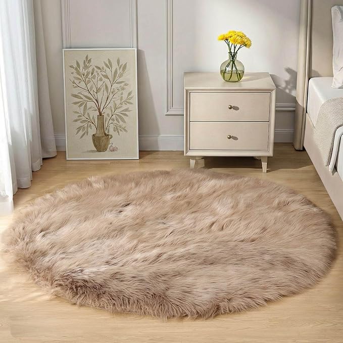 Goolela Beige Round Rug 4ft Fluffy Sheepskin Faux Fur Rug by Goolela