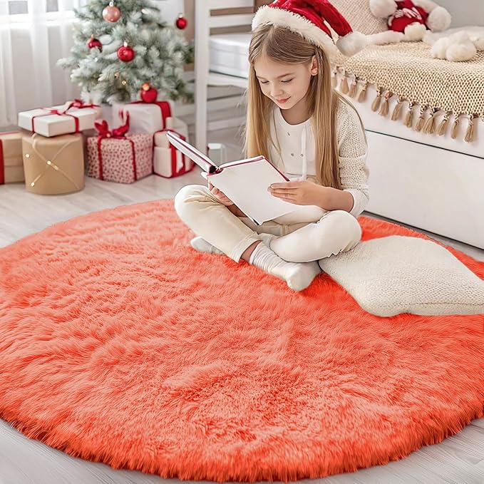 OLANLY Coral Red Round Rugs for Bedroom by OLANLY