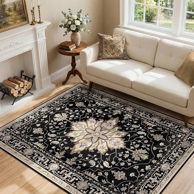 Area Rugs 4'x6' Washable Non-Slip, Floral Vintage Distress Print Pattern by RELEANY