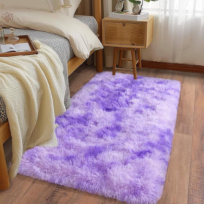 Soft Runner Rugs for Bedroom Hallways, 2x4 Tie-Dyed Purple Fluffy Shag Throw - Image 6