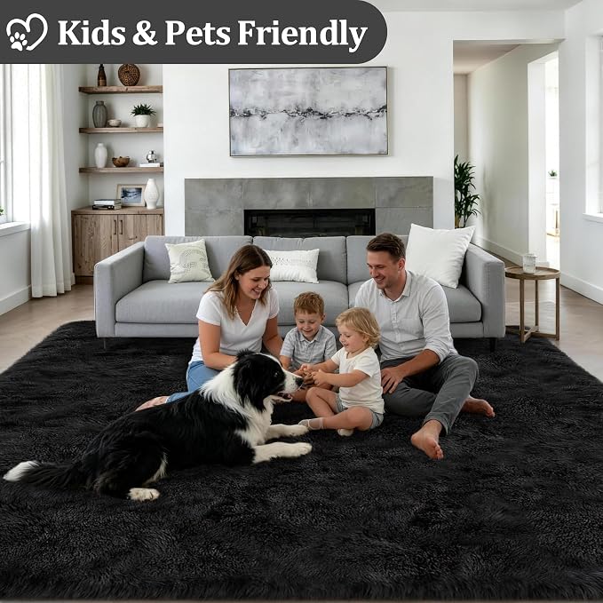 8x10 Area Rug Living Room Bedroom: Fluffy Plush Shag Carpet Black | - Image 4