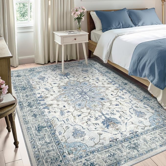 Area Rugs 5'x8' Washable Non-Slip, Floral Vintage Distress Print Pattern - Image 2