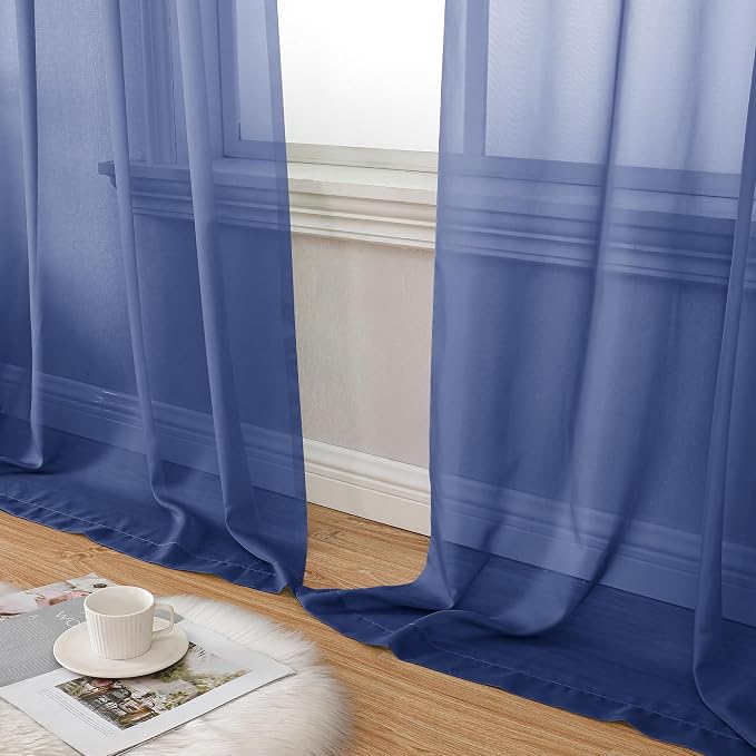Aiyufeng Royal Blue Sheer Curtains 90 Inches Long 2 Panels Set, Semi - Image 8