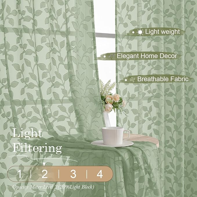 Chyhomenyc Extra Long Sage Green Sheer Curtains 120 Inch Length 2 Panels Set - Image 2