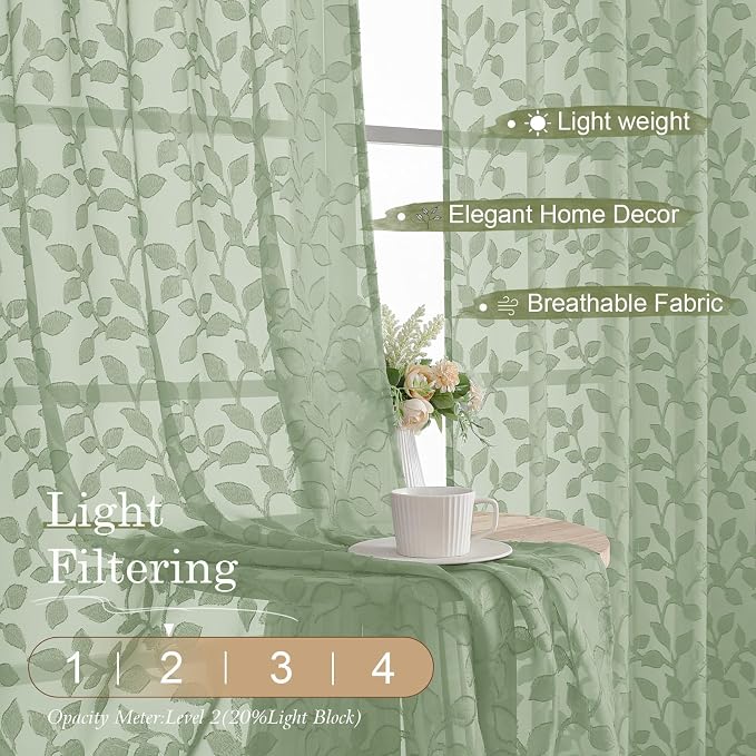 Chyhomenyc Sage Green Sheer Curtains 24 Inch Length, Light Filtering Leaf - Image 2