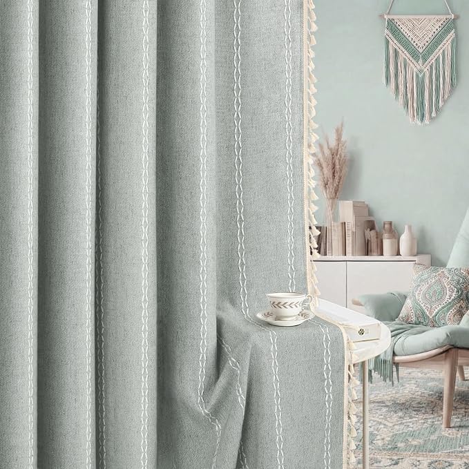 Teal Boho Blackout Curtains 96 Inches Long Light Green Linen Blend 2 Panels - Image 7