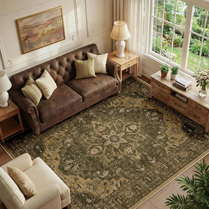 Area Rugs 6'x9' Washable Non-Slip, Floral Vintage Distress Print Pattern by RELEANY
