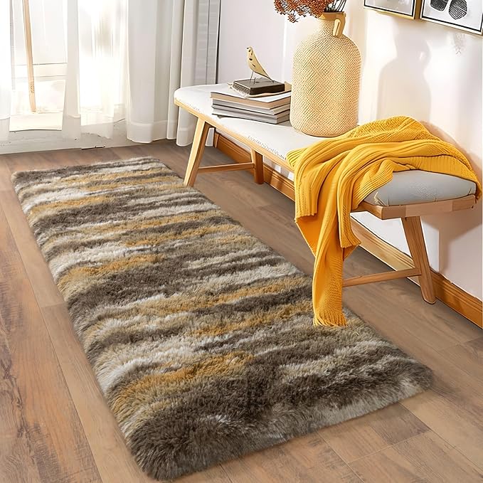 Soft Runner Rugs for Bedroom Hallways, 2x5 Abstract Brown Fluffy Shag Throw - Image 3