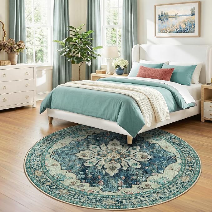 Area Rugs 7ft Washable Non-Slip, Floral Vintage Distress Print Pattern - Image 2