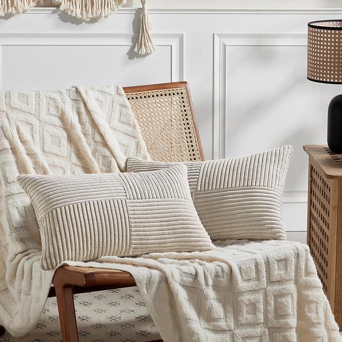 Fancy Homi 2 Packs Neutral Taupe Long Lumbar Decorative Throw Pillow Covers by Fancy+Homi