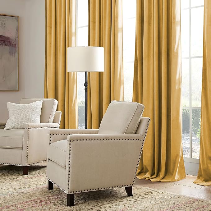 RYB HOME Mustard Yellow Velvet Curtains 96 inches, Back Tab Soft Fabric Room - Image 7