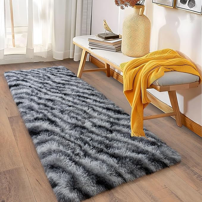 Soft Runner Rugs for Bedroom Hallways, 2x6 Black and White Fluffy Shag Throw - Image 4