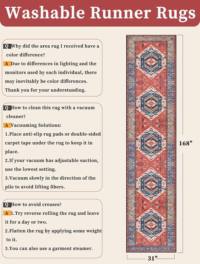 SERISSA Runner Rug for Hallways, Extra Long Boho Rug Ultra Soft Vintage Rust - Image 6