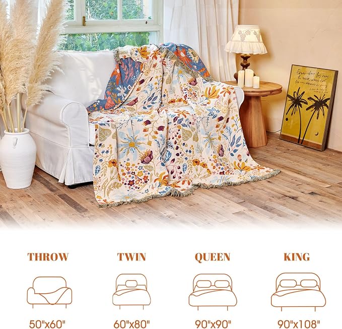 MSGKV Boho Throw Blanket for Bed 100% Cotton Floral Twin Size Couch Blanket - Image 6