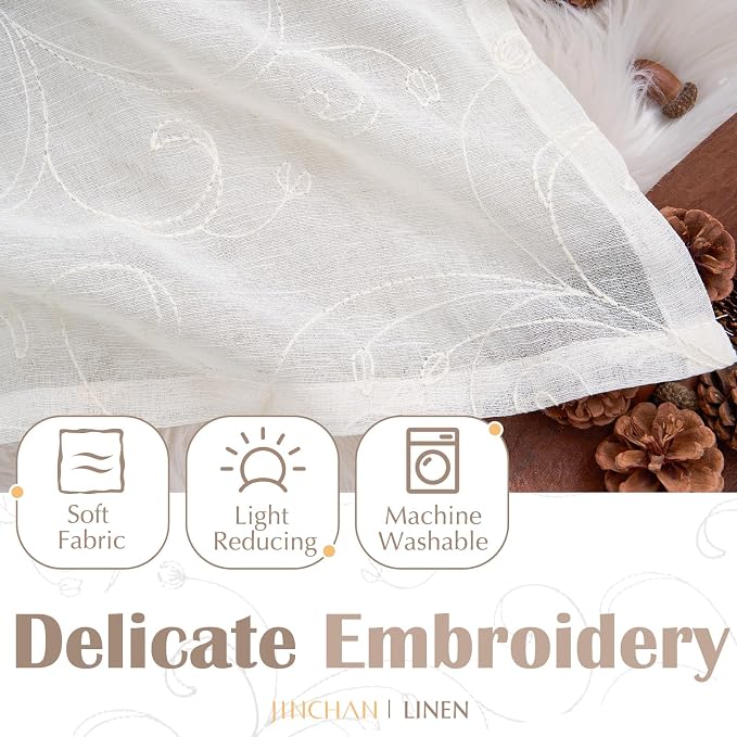 jinchan Linen Valance for Window Embroidered Farmhouse Light Filtering Voile - Image 3