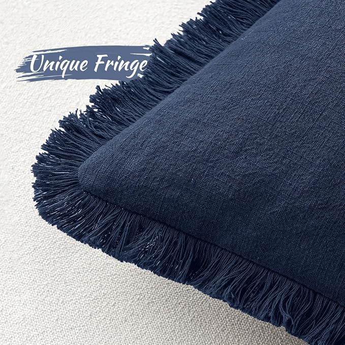 MIULEE Boho Linen Fringe Decorative Throw Pillow Covers Dark Navy 18x18 | Set - Image 3