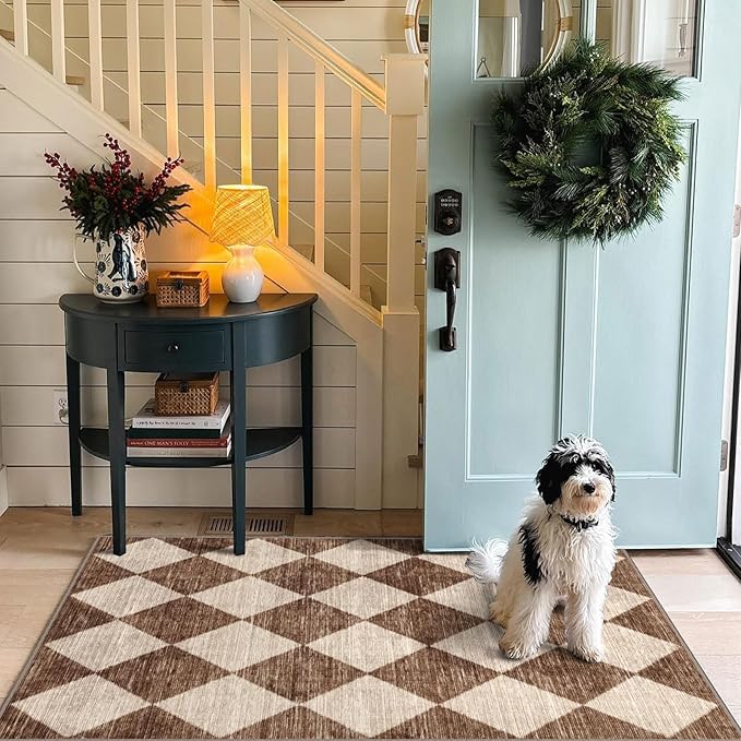 Brown Beige Checkered Entry Rug - Image 7