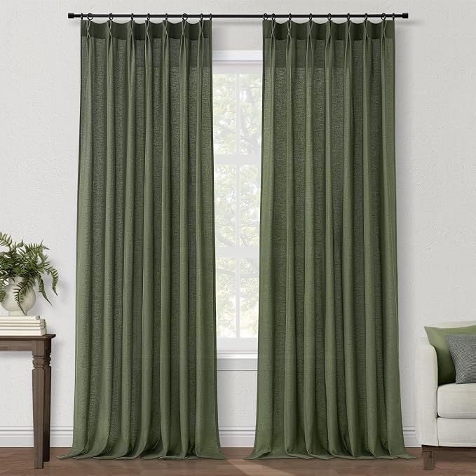 Topfinel Olive Green Pinch Pleated Linen Curtains 100 Inch Length 2 Panels - Image 9