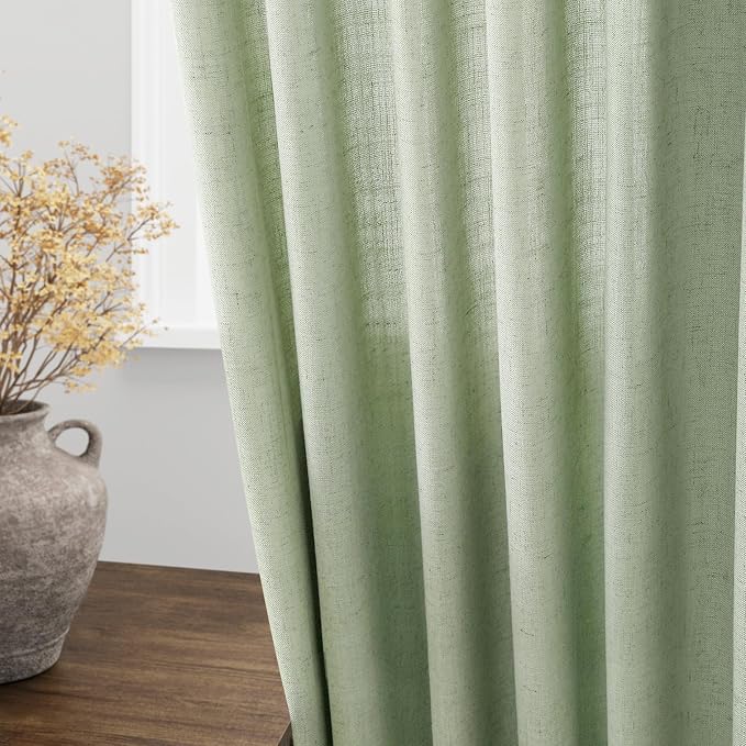 Nanspring Mist Sage Linen Curtains Semi Sheer 96 Inches Long 2 Panels Set - Image 4