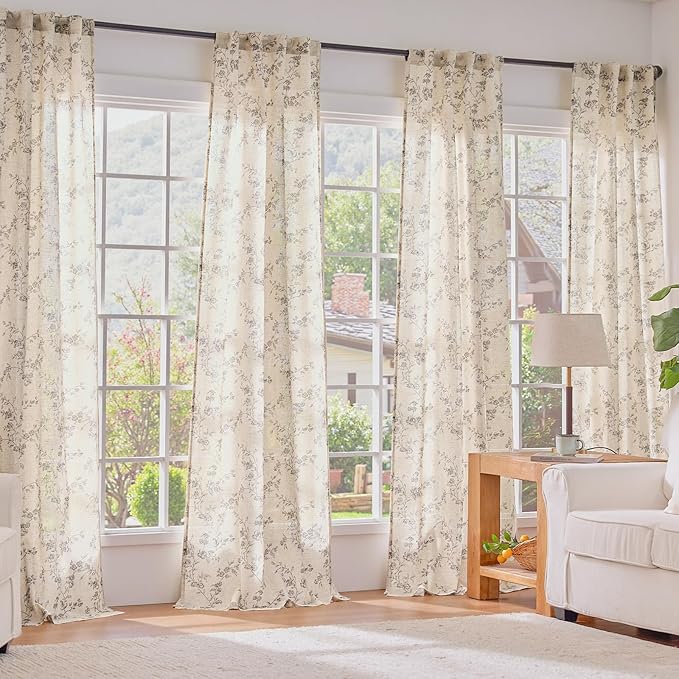 Lazzzy Farmhouse Linen Curtains Extra Long Gray Floral Curtains 108 Inch Long - Image 7