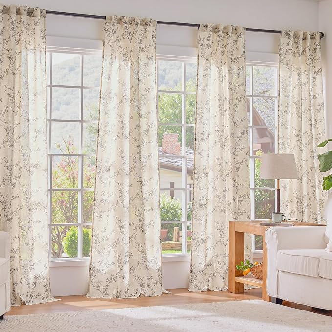 Lazzzy Grey Floral Linen Curtains 90 Inch Farmhouse Back Tab Drapes - Image 6